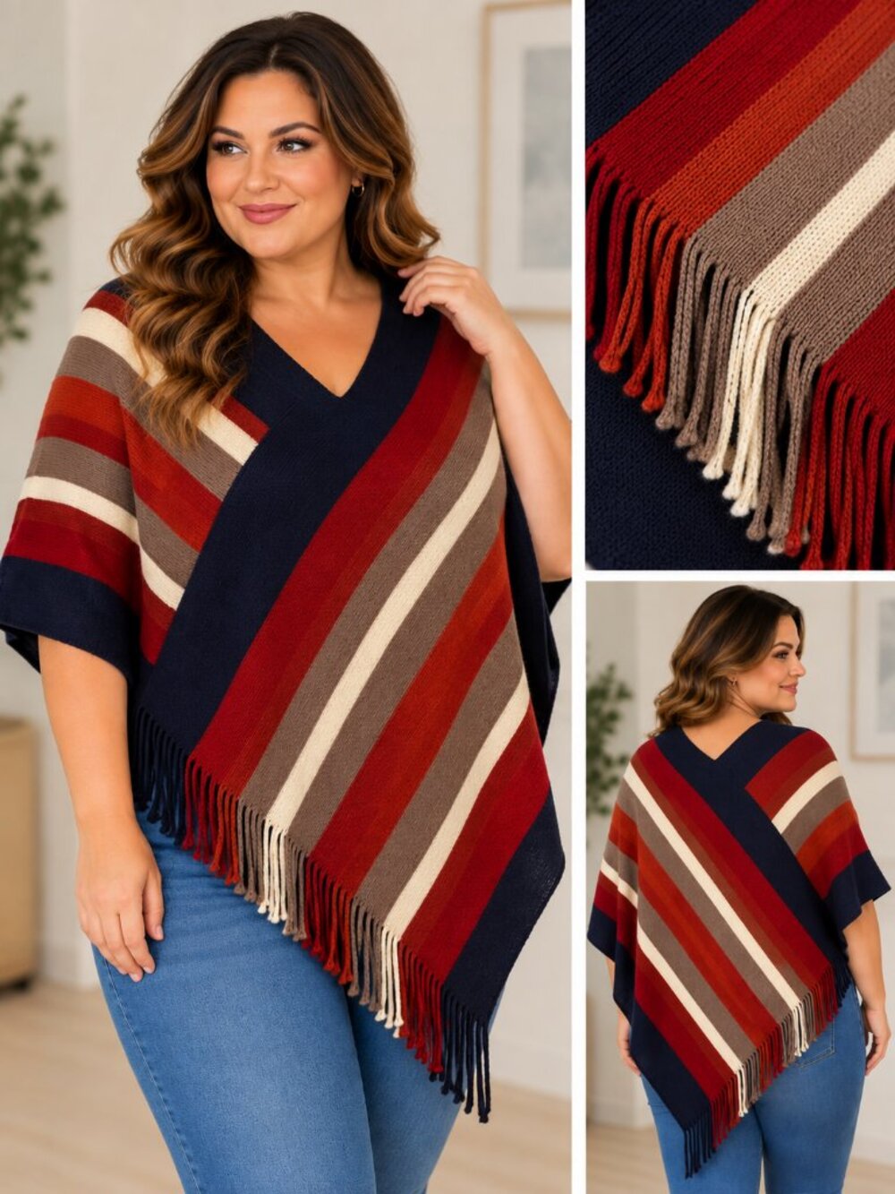 CNStock Sweater Poncho with Fringe Trim, Navy, Cream, and Rust Stripes Size L/XL